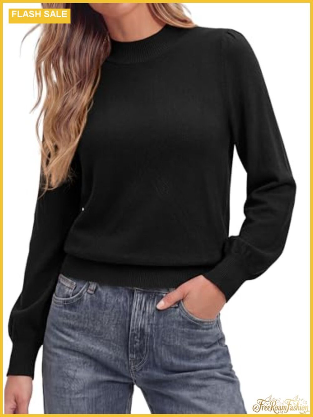 Womens Mock Neck Long Sleeve Knit Pullover Sweater Lantern Sleeve